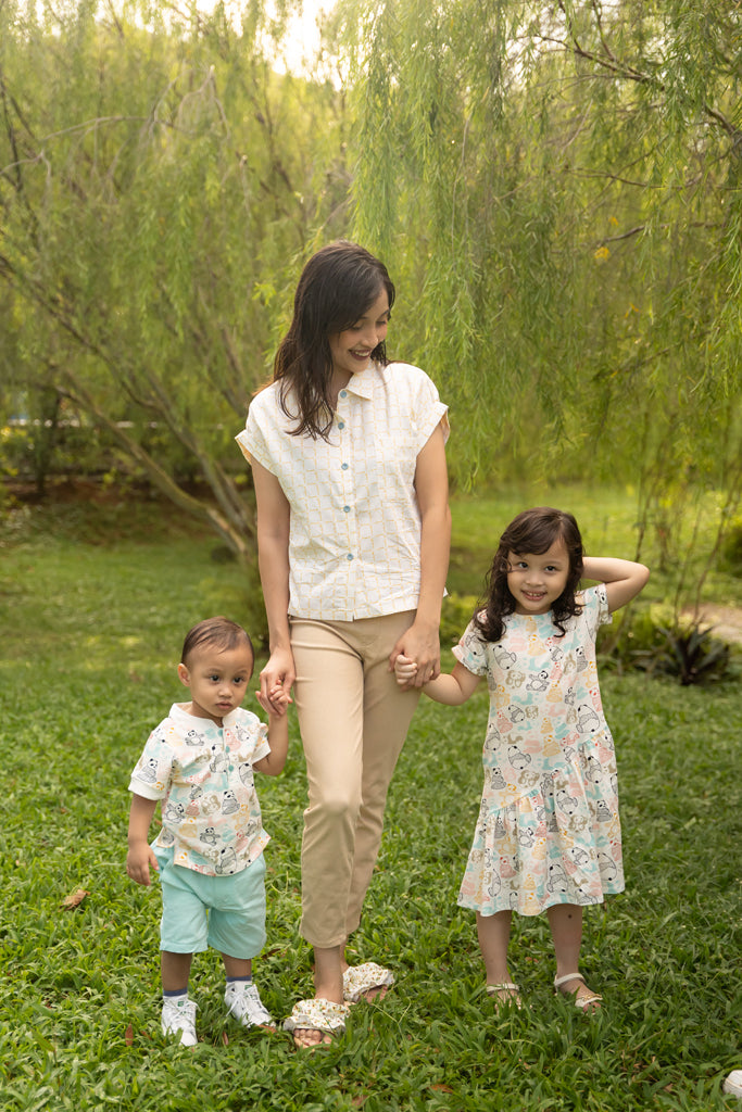 Ladies Sadie Blouse - Cream Bamboo Tiles | Twinning Family Sets | The Elly Store Singapore