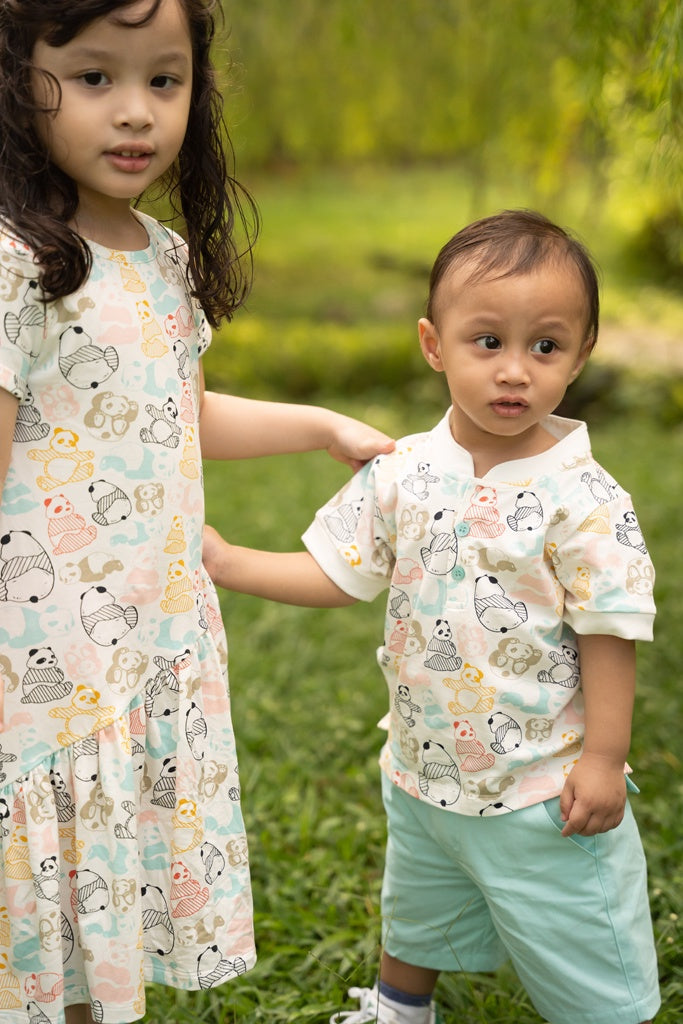 Mandarin-collared Polo Tee - Pastel Pandas | Boys Shirts | The Elly Store Singapore