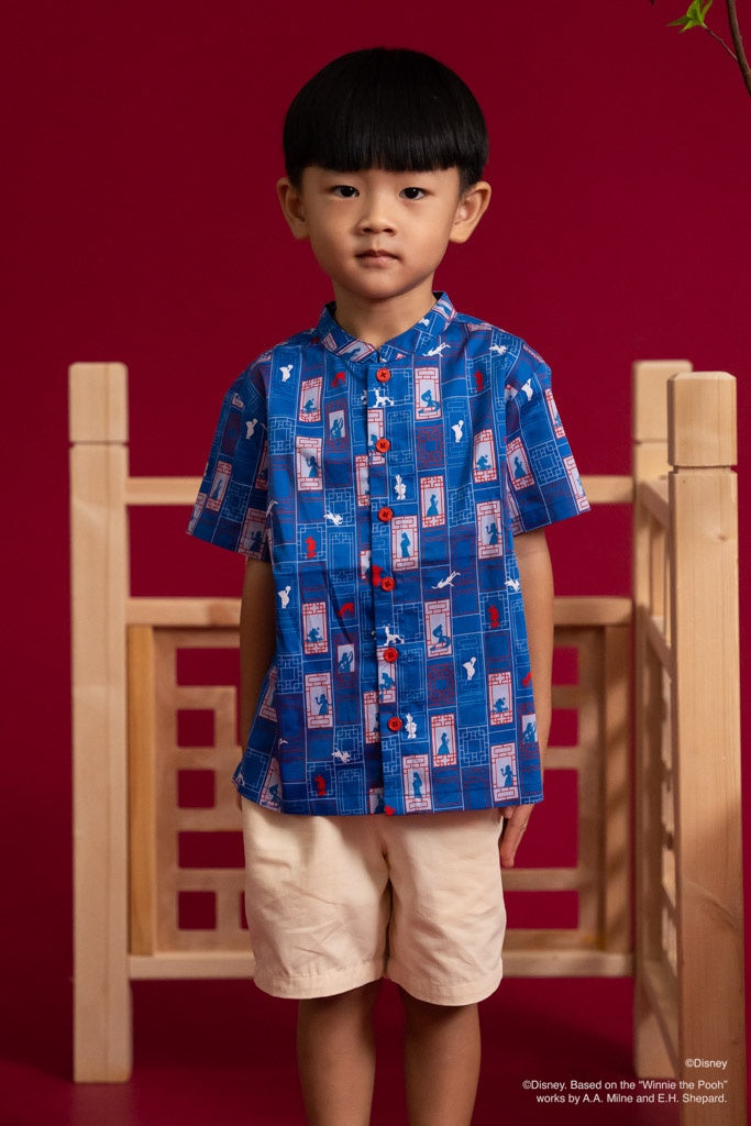 Disney100 Mandarin-collared Shirt - Blue Doors | Disney x elly Chinese New Year 2023 | The Elly Store Singapore