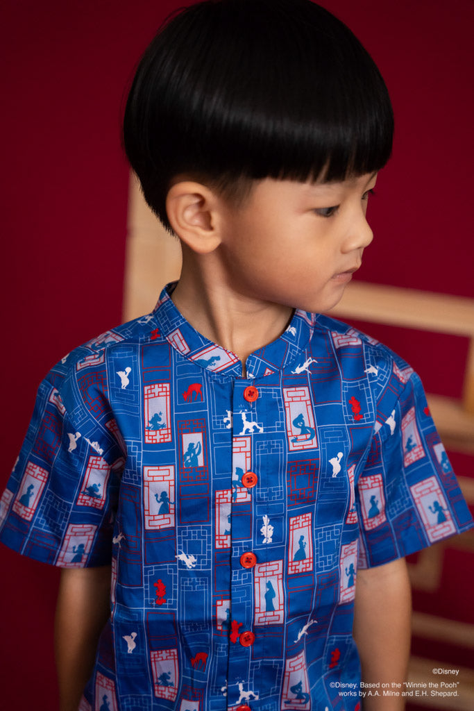 Disney100 Mandarin-collared Shirt - Blue Doors | Disney x elly Chinese New Year 2023 | The Elly Store Singapore