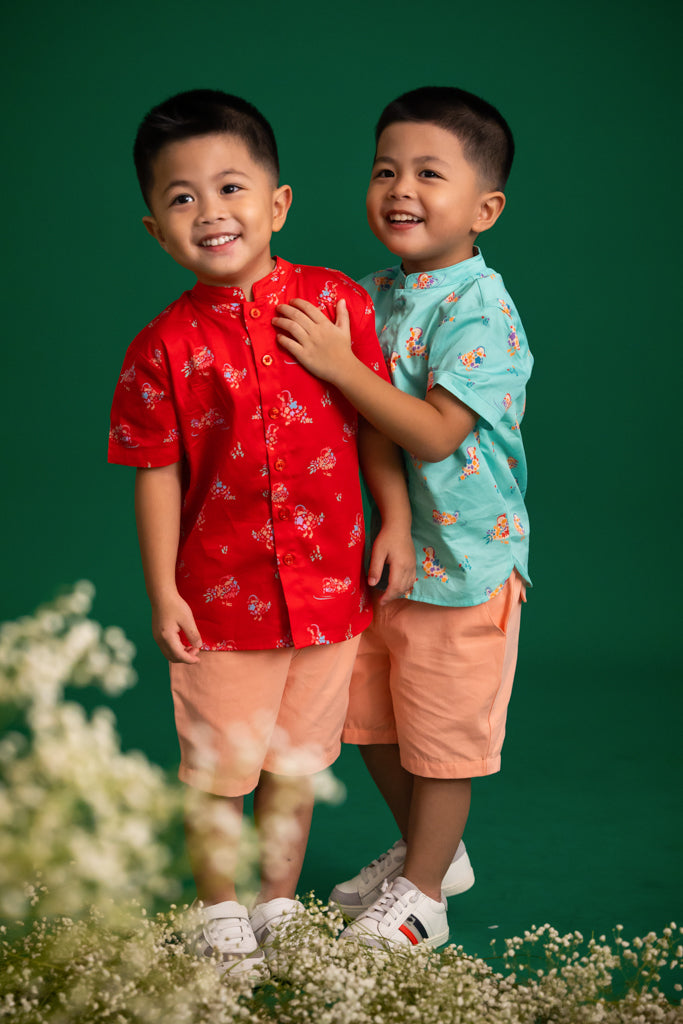 Mandarin-collared Shirt - Red Mandarin Ducks | CNY2023 Family Twinning Set | The Elly Store Singapore