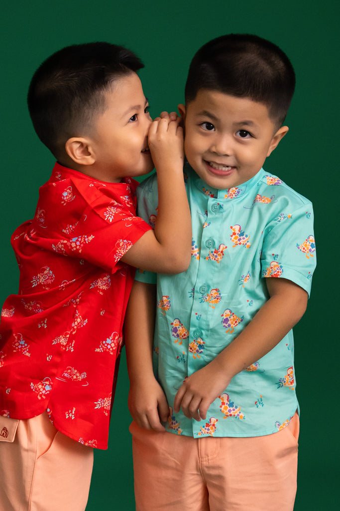 Mandarin-collared Shirt - Turquoise Mandarin Ducks | CNY2023 Family Twinning Set | The Elly Store Singapore