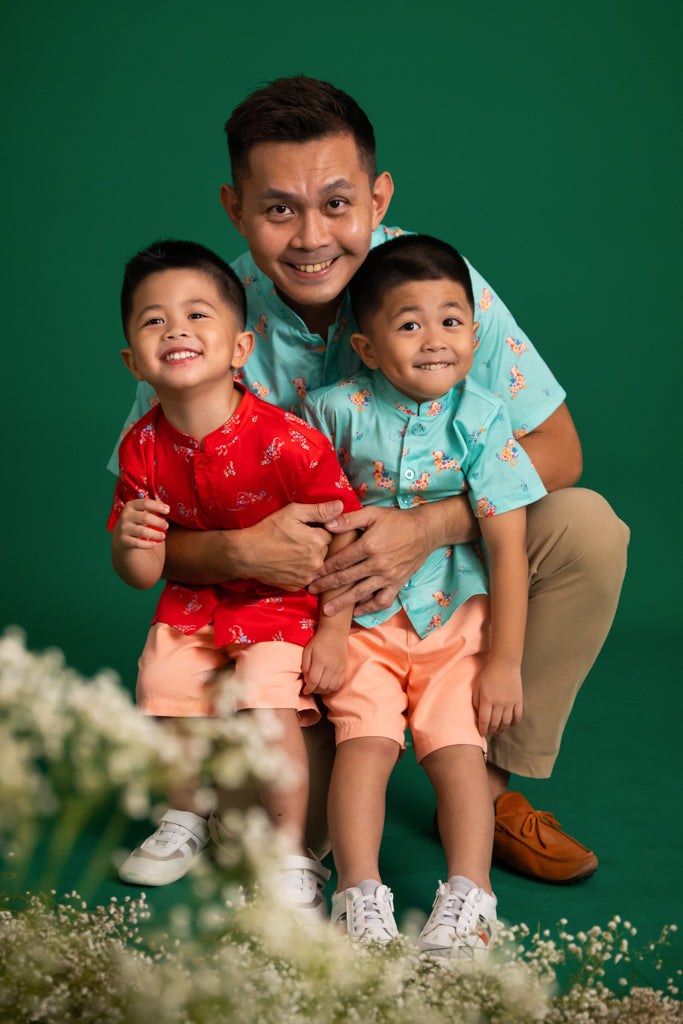 Men&#39;s Mandarin-collared Shirt -Turquoise Mandarin Ducks | CNY2023 Family Twinning Set | The Elly Store Singapore