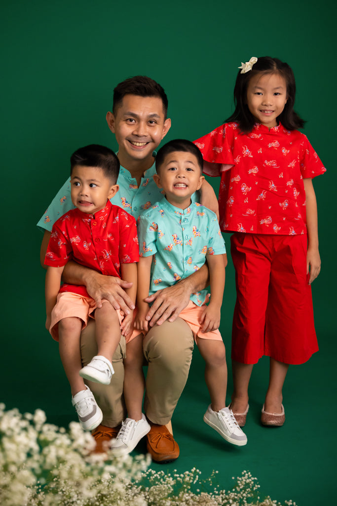 Men&#39;s Mandarin-collared Shirt -Turquoise Mandarin Ducks | CNY2023 Family Twinning Set | The Elly Store Singapore