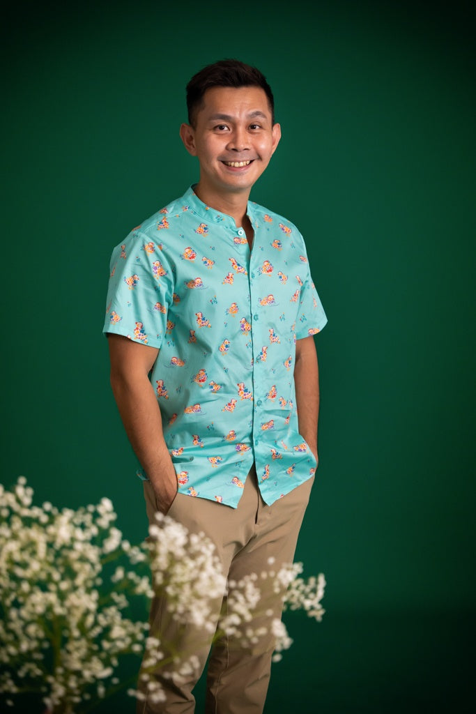 Men&#39;s Mandarin-collared Shirt -Turquoise Mandarin Ducks | CNY2023 Family Twinning Set | The Elly Store Singapore