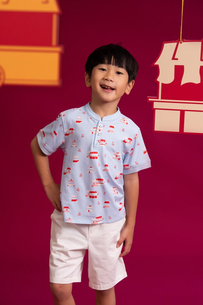 Mandarin-collared Polo Tee - Periwinkle Night Market | CNY2023 Twinning Family Sets | The Elly Store Singapore
