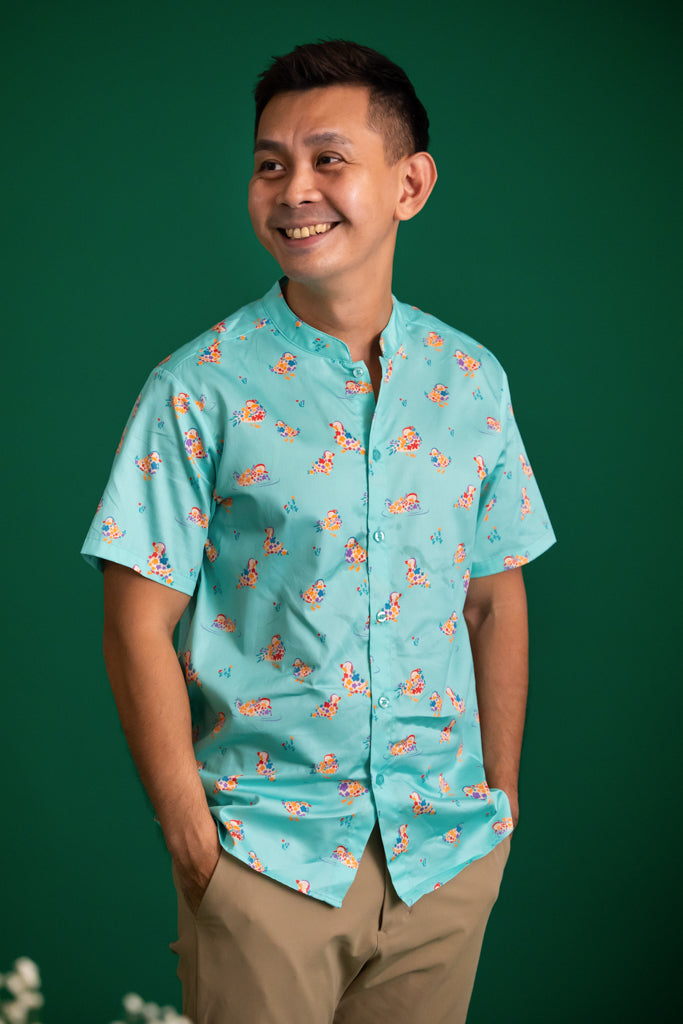 Men&#39;s Mandarin-collared Shirt -Turquoise Mandarin Ducks | CNY2023 Family Twinning Set | The Elly Store Singapore