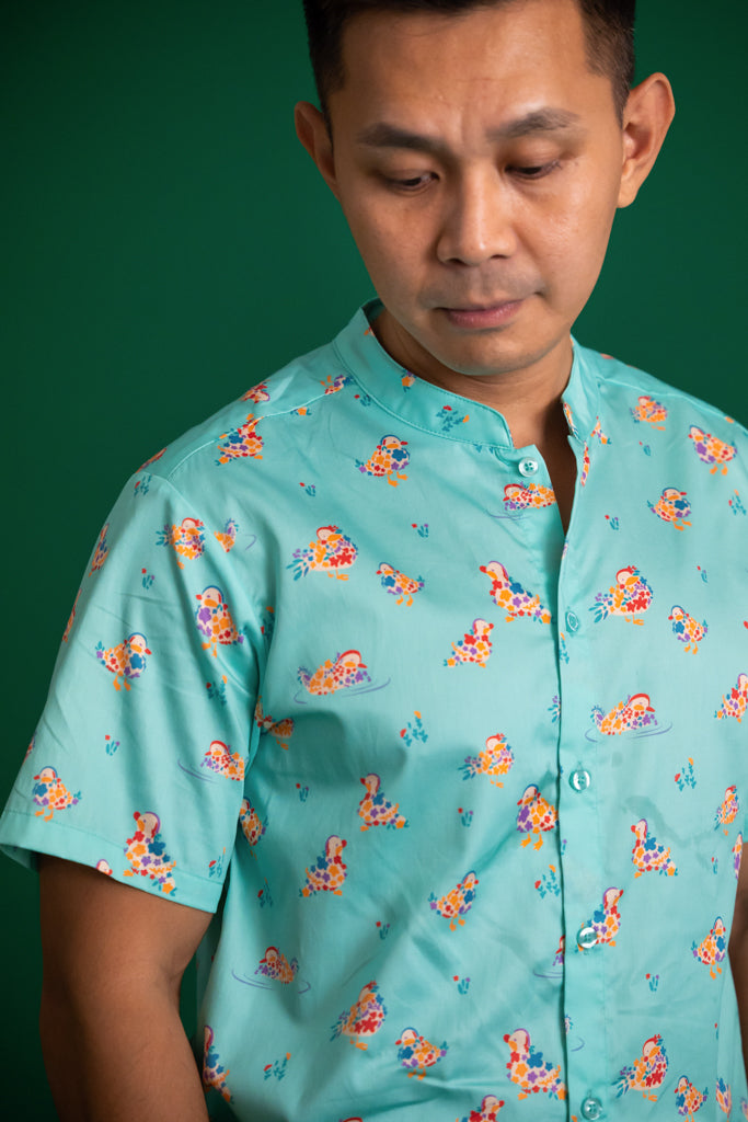 Men&#39;s Mandarin-collared Shirt -Turquoise Mandarin Ducks | CNY2023 Family Twinning Set | The Elly Store Singapore