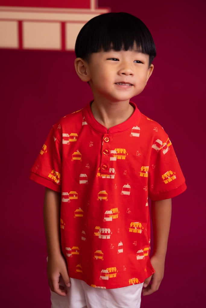 Mandarin-collared Polo Tee - Red Night Market | CNY2023 Boys Shirts | The Elly Store Singapore