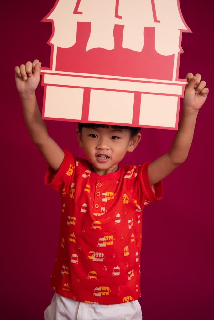 Mandarin-collared Polo Tee - Red Night Market | CNY2023 Boys Shirts | The Elly Store Singapore