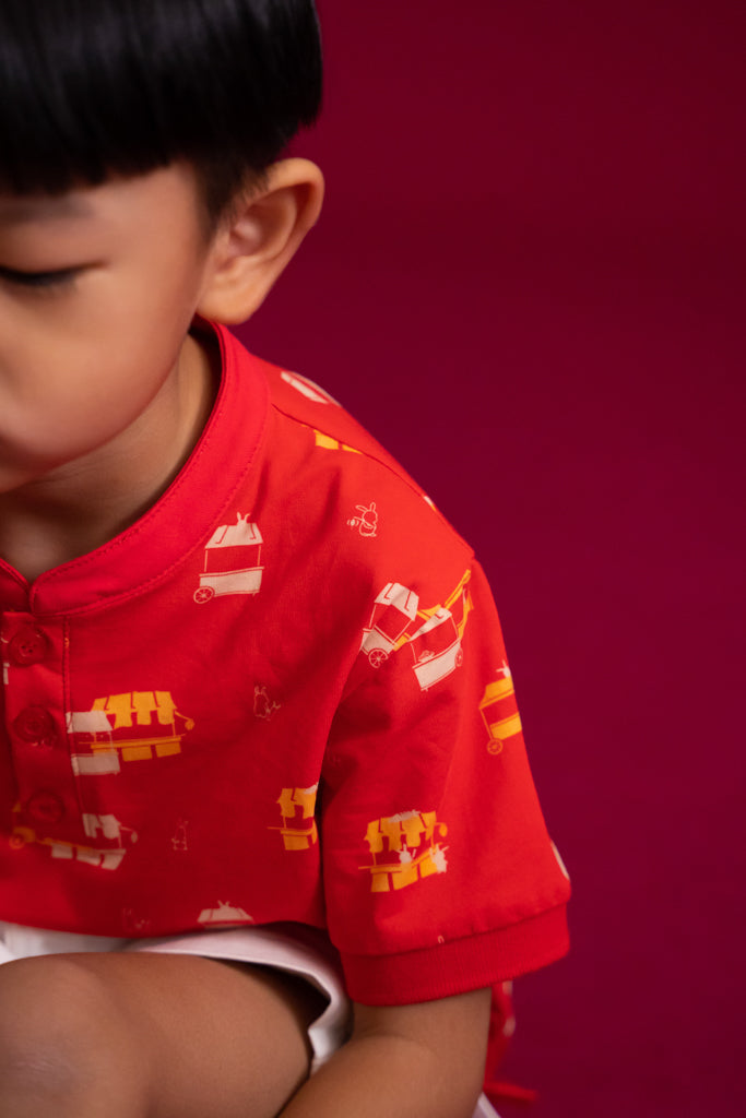 Mandarin-collared Polo Tee - Red Night Market | CNY2023 Boys Shirts | The Elly Store Singapore