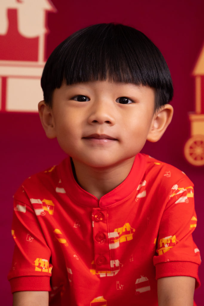 Mandarin-collared Polo Tee - Red Night Market | CNY2023 Boys Shirts | The Elly Store Singapore