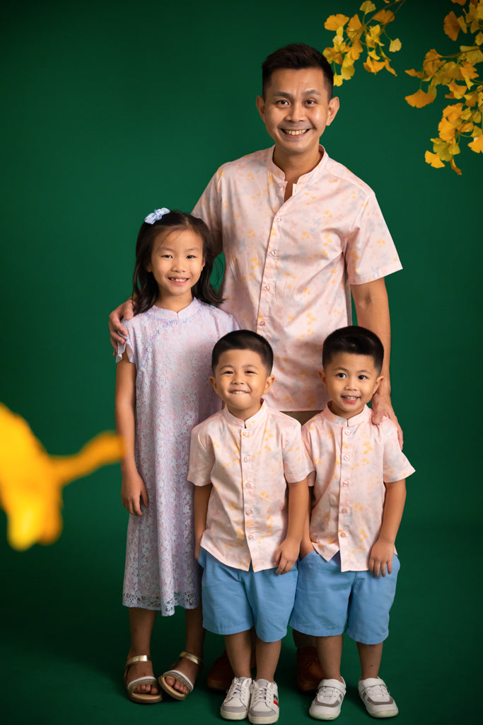 Men&#39;s Mandarin-collared Shirt - Pink Gingkoi | CNY2023 Family Twinning Set | The Elly Store Singapore