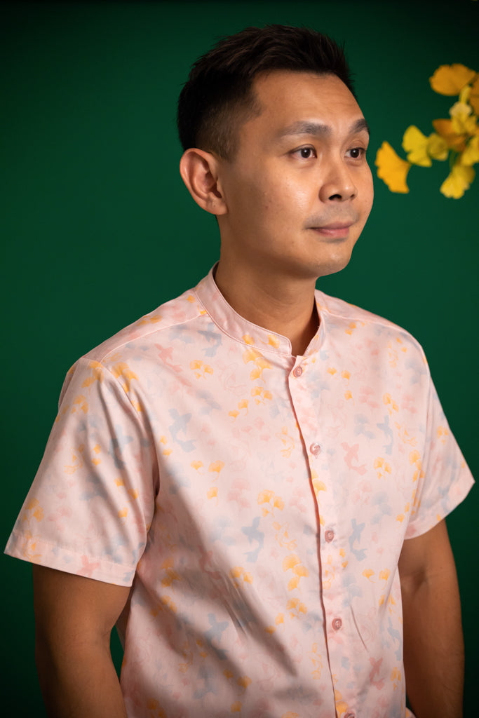Men&#39;s Mandarin-collared Shirt - Pink Gingkoi | CNY2023 Family Twinning Set | The Elly Store Singapore
