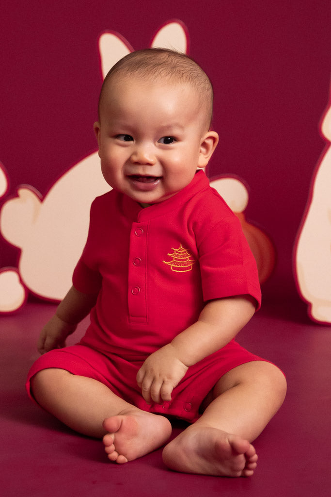 Mandarin-collared Polo Romper - Rose Pagoda | CNY2023 Twinning Family Sets | The Elly Store Singapore
