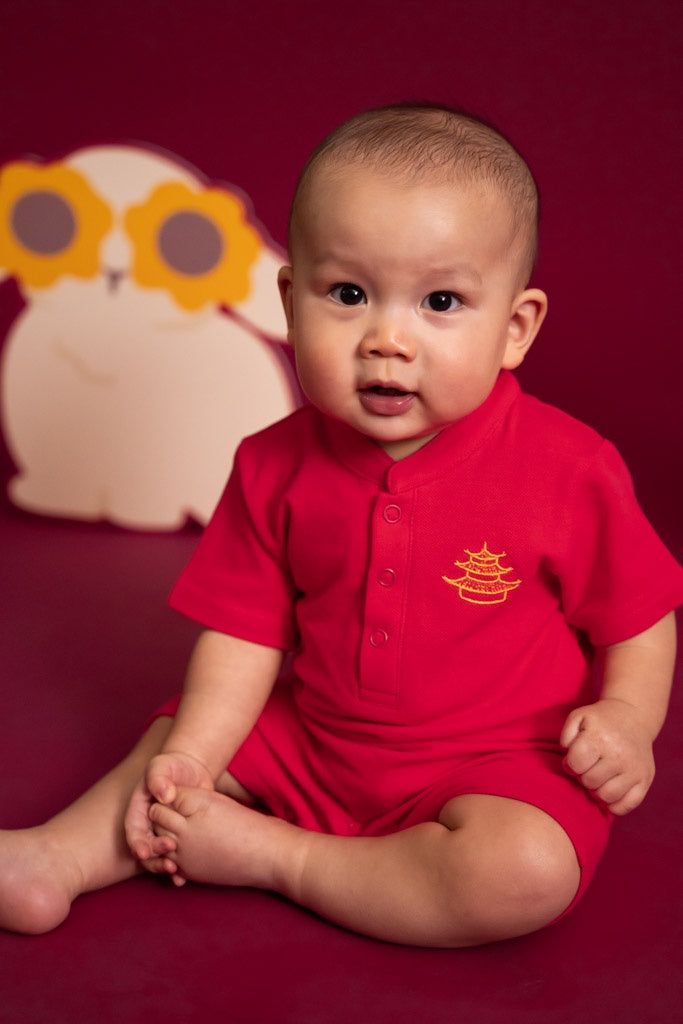 Mandarin-collared Polo Romper - Rose Pagoda | CNY2023 Twinning Family Sets | The Elly Store Singapore
