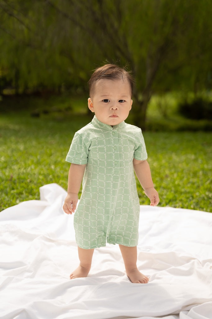 Polo Romper - Teal Bamboo Tiles | Family Twinning Set | The Elly Store Singapore