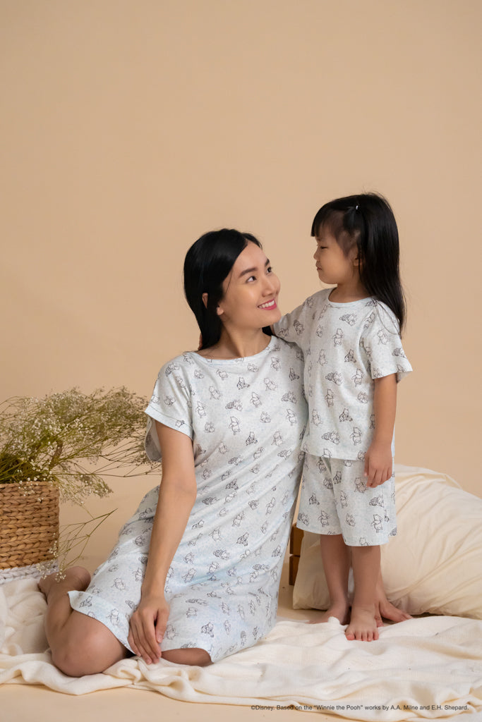 Ladies Nightgown - Blue Hunny Pooh | Twinning Family Pyjamas | The Elly Store Singapore