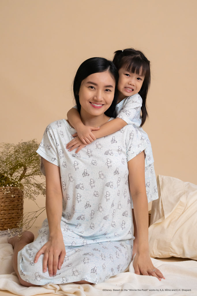 Ladies Nightgown - Blue Hunny Pooh | Twinning Family Pyjamas | The Elly Store Singapore