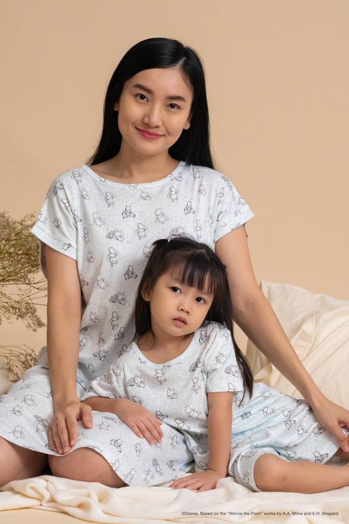 Ladies Nightgown - Blue Hunny Pooh | Twinning Family Pyjamas | The Elly Store Singapore