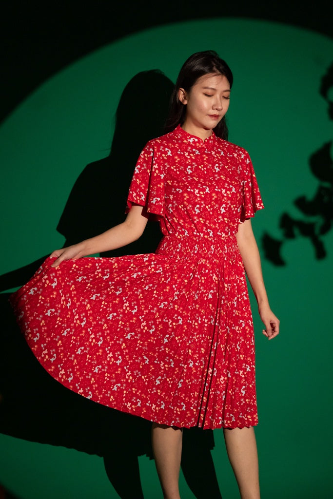 Ladies Pleated Dress - Red Gingkoi | CNY2023 Twinning Family Sets | The Elly Store Singapore