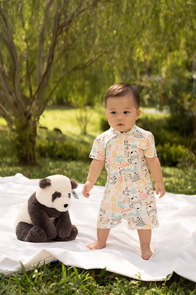 Polo Romper - Pastel Pandas | Family Twinning Set | The Elly Store Singapore