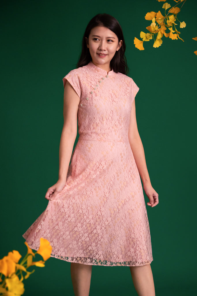 Ladies Holly Cheongsam - Pink Gold Lace | CNY2023 Twinning Family Sets | The Elly Store Singapore