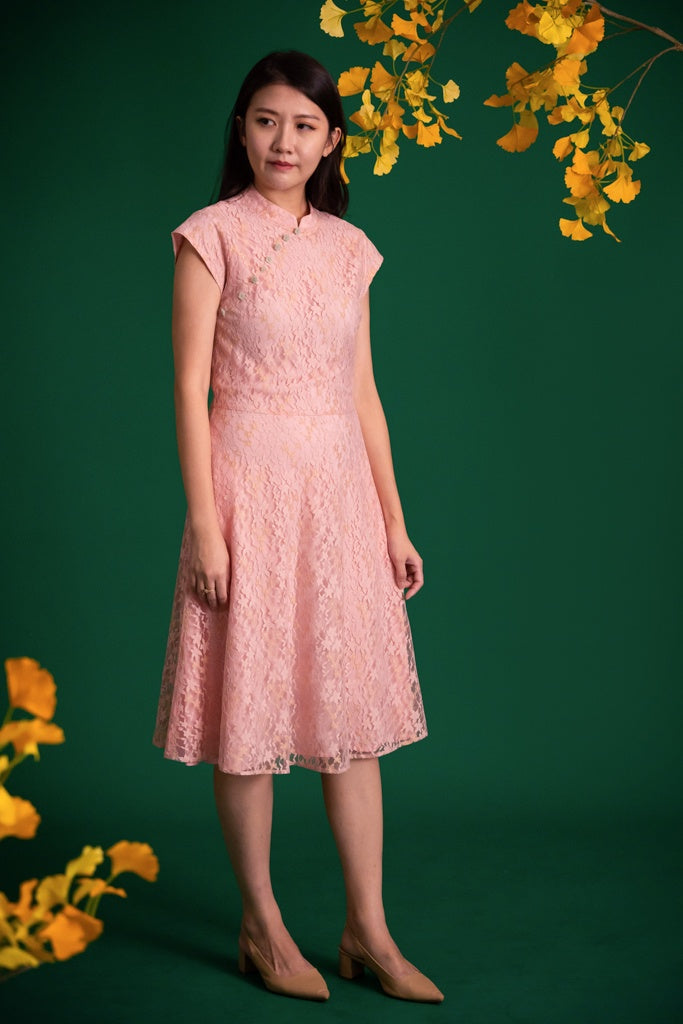 Ladies Holly Cheongsam - Pink Gold Lace | CNY2023 Twinning Family Sets | The Elly Store Singapore