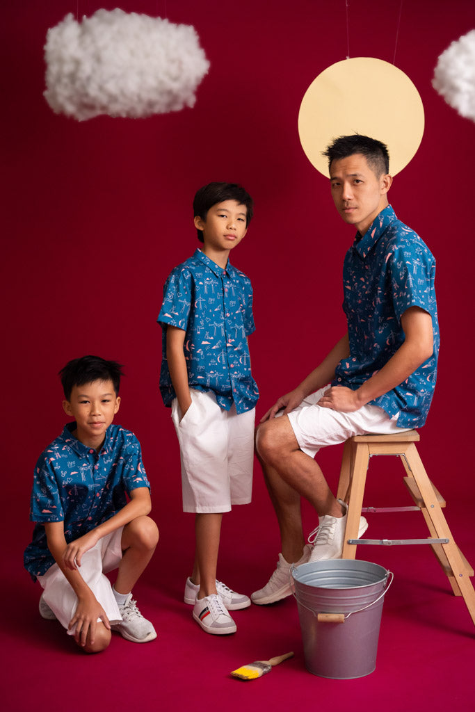 Men&#39;s Shirt - Blue Nightfall Bunnies | CNY2023 Family Twinning Set | The Elly Store Singapore