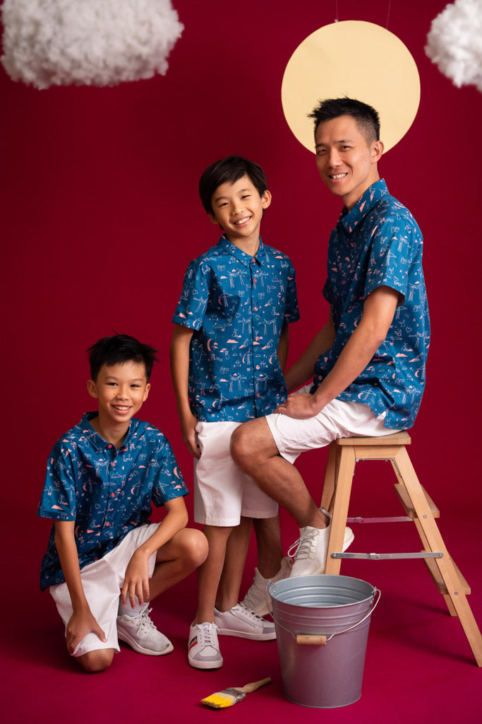 Men&#39;s Shirt - Blue Nightfall Bunnies | CNY2023 Family Twinning Set | The Elly Store Singapore