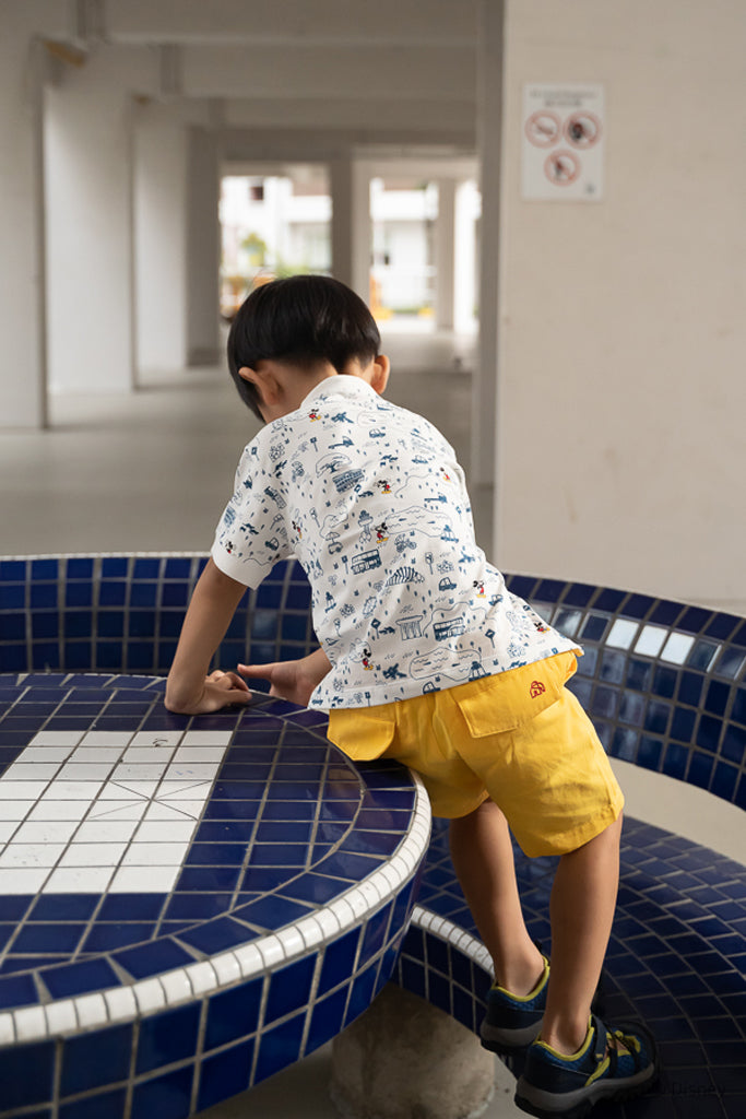 Mandarin-collared Polo Tee - Blue Road Trip Mickey | Disney x elly Mickey Go Local | The Elly Store Singapore