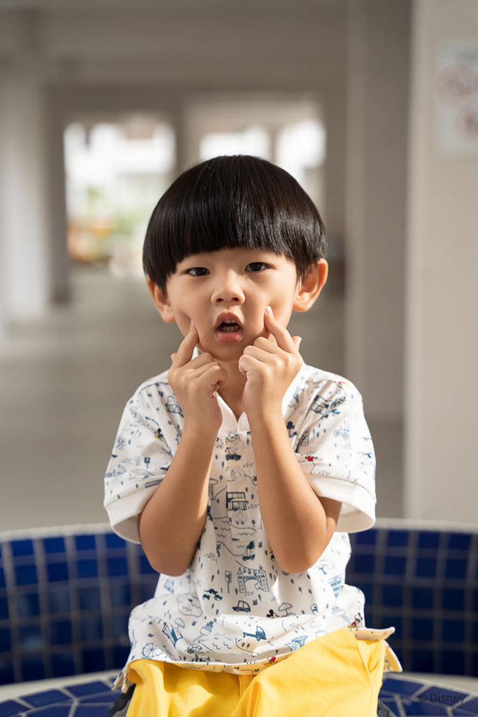 Mandarin-collared Polo Tee - Blue Road Trip Mickey | Disney x elly Mickey Go Local | The Elly Store Singapore