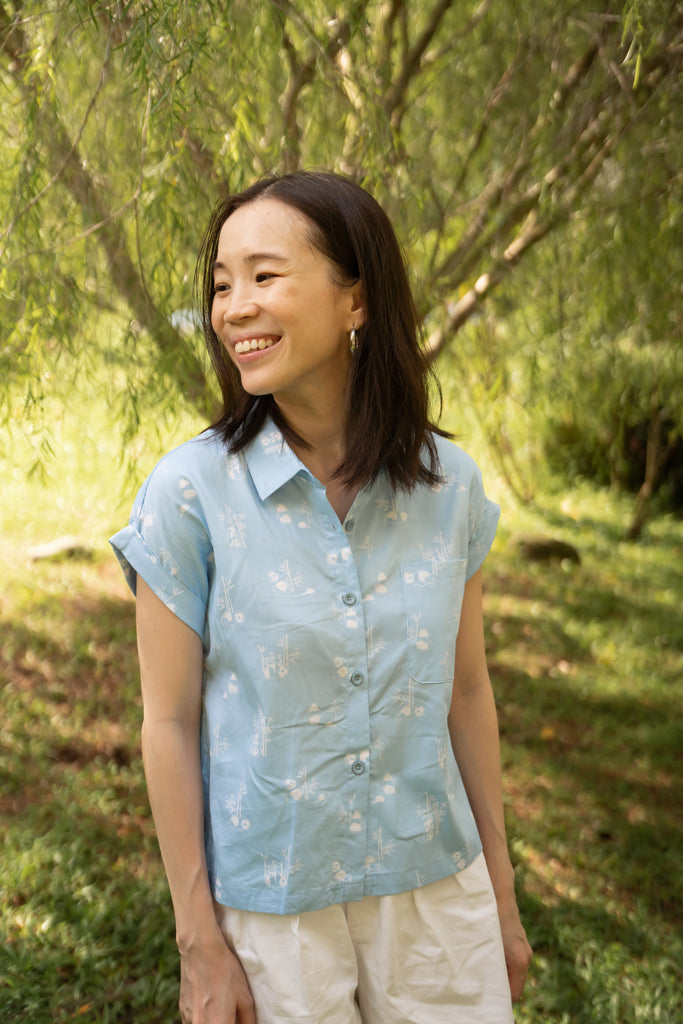 Ladies Sadie Blouse - Blue Bamboo Pandas | Twinning Family Sets | The Elly Store Singapore