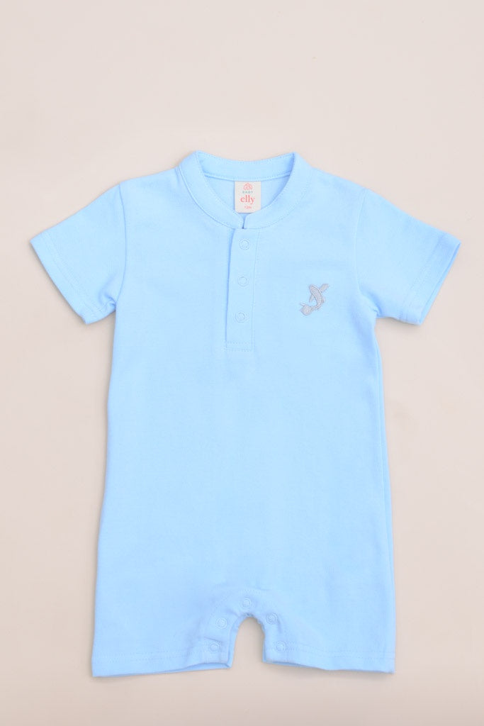 Mandarin-collared Polo Romper - Blue Koi | Twinning Family Sets | The Elly Store Singapore