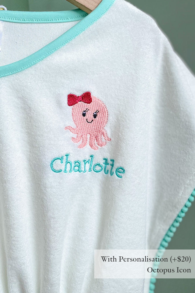 Kaftan Towel - Turquoise Pom Poms with Octopus Icon Personalisation