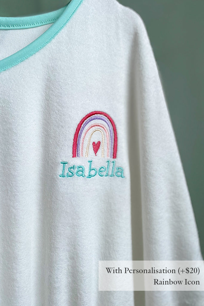Kaftan Towel - Turquoise Pom Poms with Rainbow Icon Personalisation