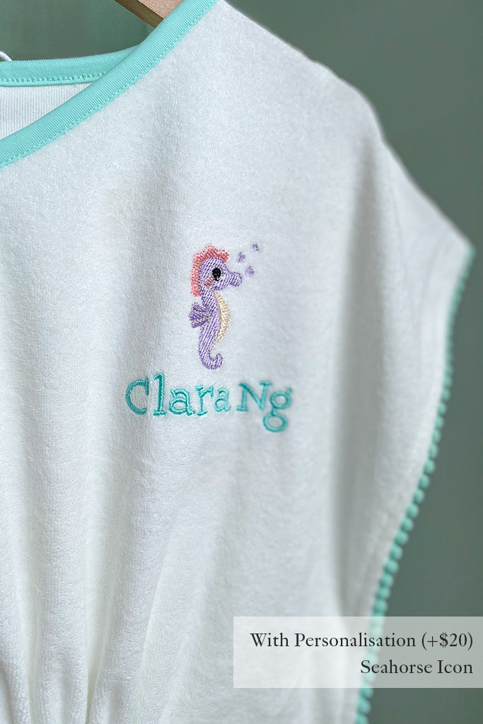 Kaftan Towel - Turquoise Pom Poms with Seahorse Icon Personalisation