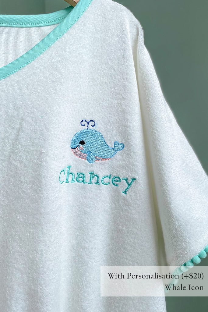 Kaftan Towel - Turquoise Pom Poms with Whale Icon Personalisation