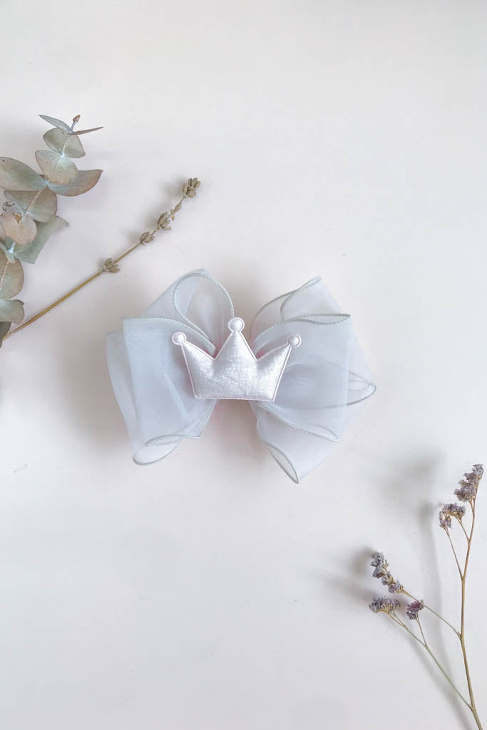 Pink Organza Bow Hair Clip - Pink Crown front 