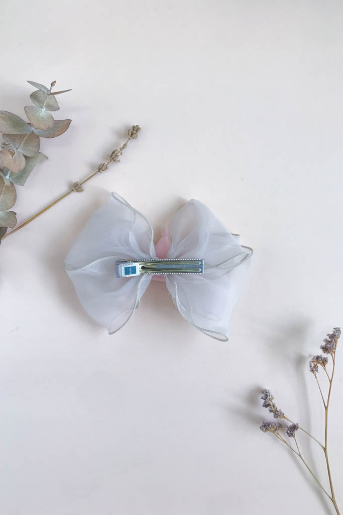 Pink Organza Bow Hair Clip - Pink Crown Back