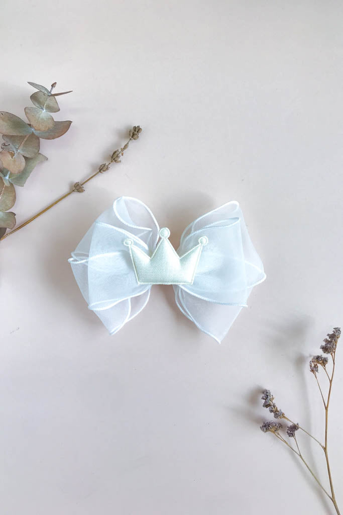 White Organza Bow Hair Clip - White Crown front | Girls Hair Accessories | The Elly Store Singapore