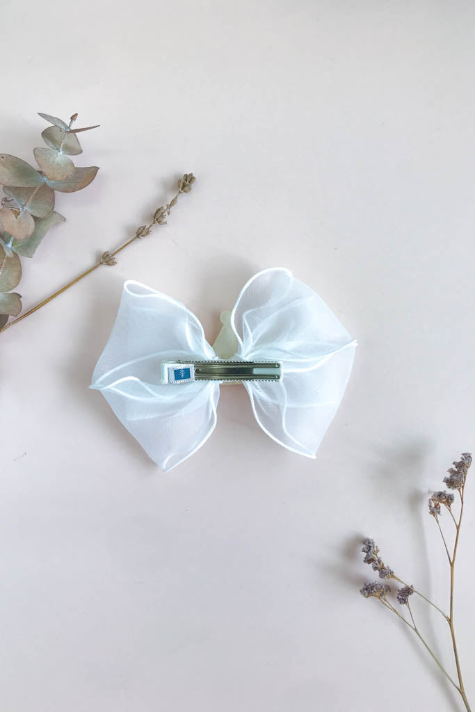 White Organza Bow Hair Clip - White Crown back | Girls Hair Accessories | The Elly Store Singapore