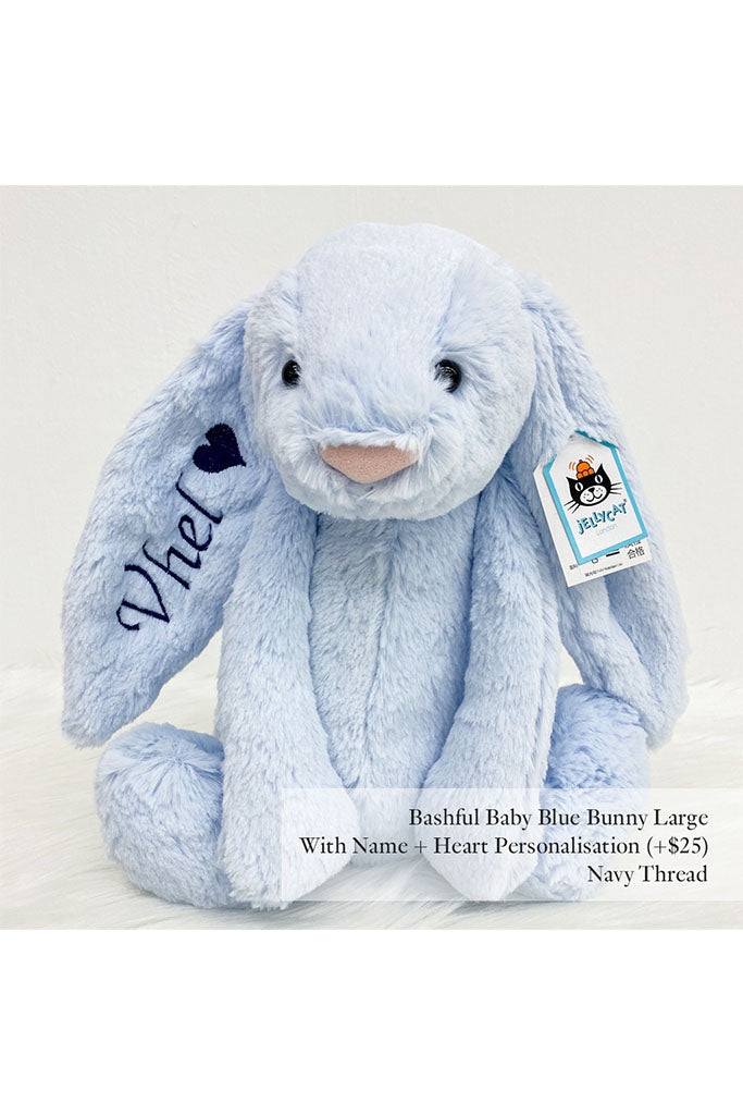 Jellycat Bashful Bunny Baby Blue with Navy Thread and Heart