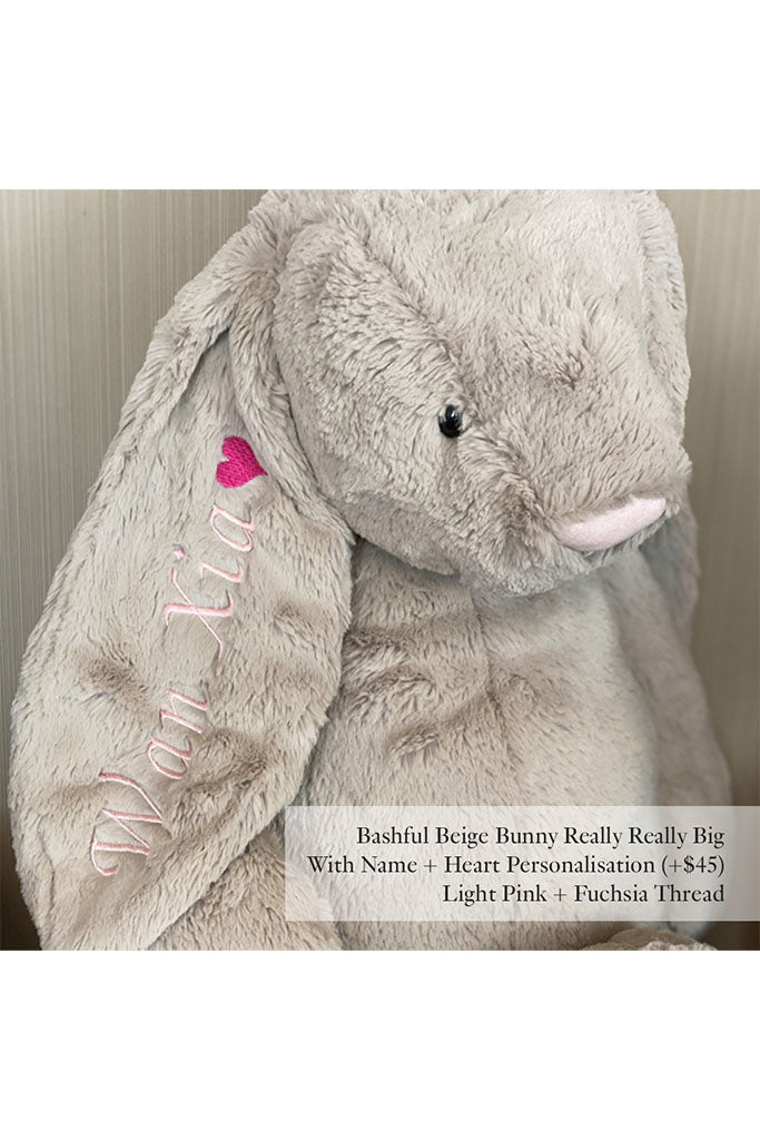 Jellycat Bashful Bunny in Beige Really Really Big with Light Pink Thread and Fuchsia Heart | Buy Jellycat Singapore Kids Baby Soft Toys at The Elly Store
