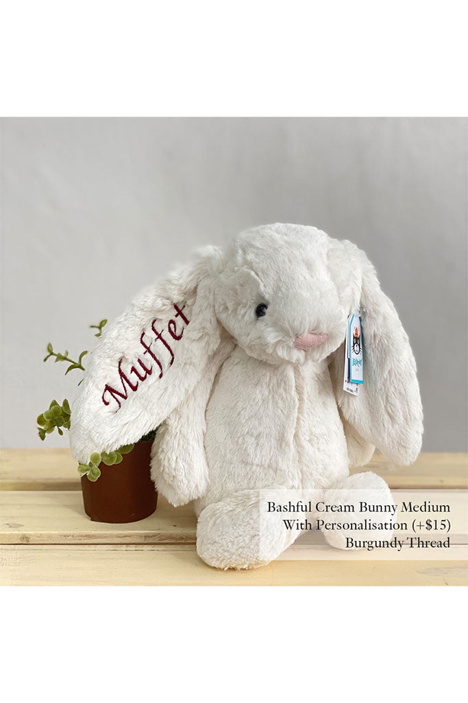 Jellycat Bashful Bunny Cream Medium with Burgundy Thread | The Elly Store