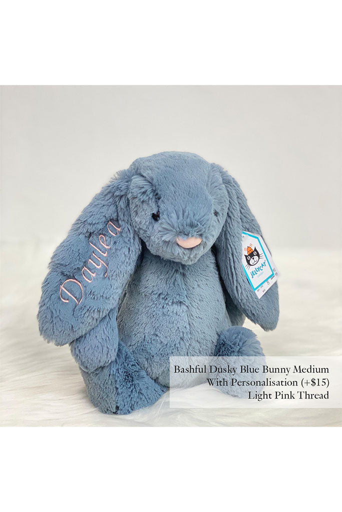Jellycat Bashful Dusky Blue Bunny Medium with Light Pink Thread