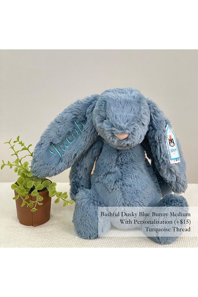 Jellycat Bashful Dusky Blue Bunny Medium with Turquoise Thread