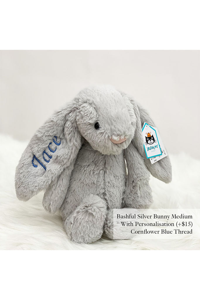 Jellycat Bashful Bunny in Silver Medium with Cornflower Blue Thread | Buy Jellycat Singapore Kids Baby Soft Toys at The Elly Store