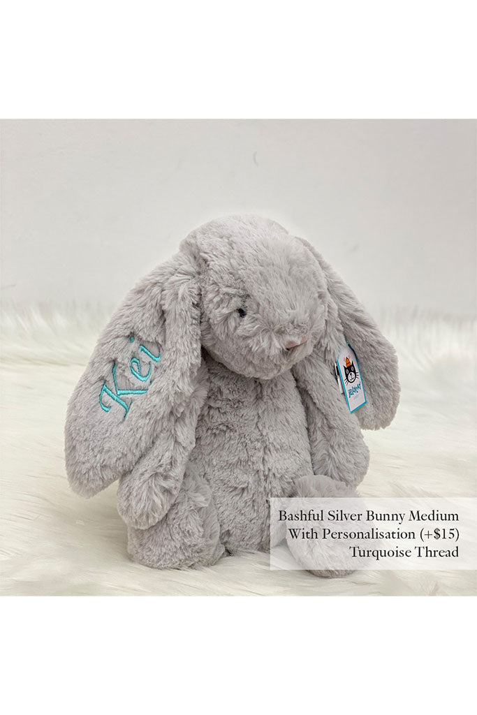 Jellycat Bashful Bunny in Silver Medium with Turquoise Thread | Buy Jellycat Singapore Kids Baby Soft Toys at The Elly Store