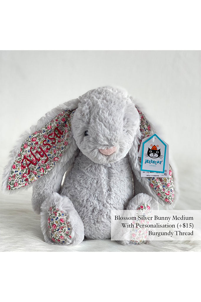 Jellycat Medium Blossom Bunny Plush Toy in Silver with Burgundy Thread | The Elly Store